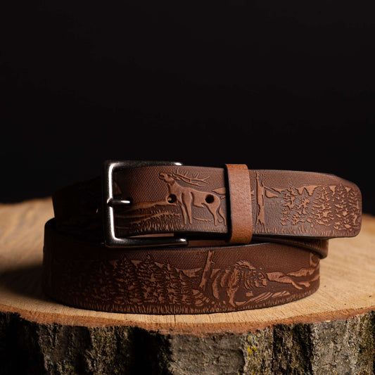 THE WILDLIFE BELT - NATURAL TAN EMBOSSED FULL GRAIN LEATHER BELT MADE IN CANADA