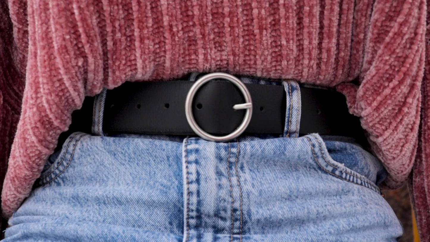 Sempre - Black Vachetta Leather Waist Belt with Circular Buckle