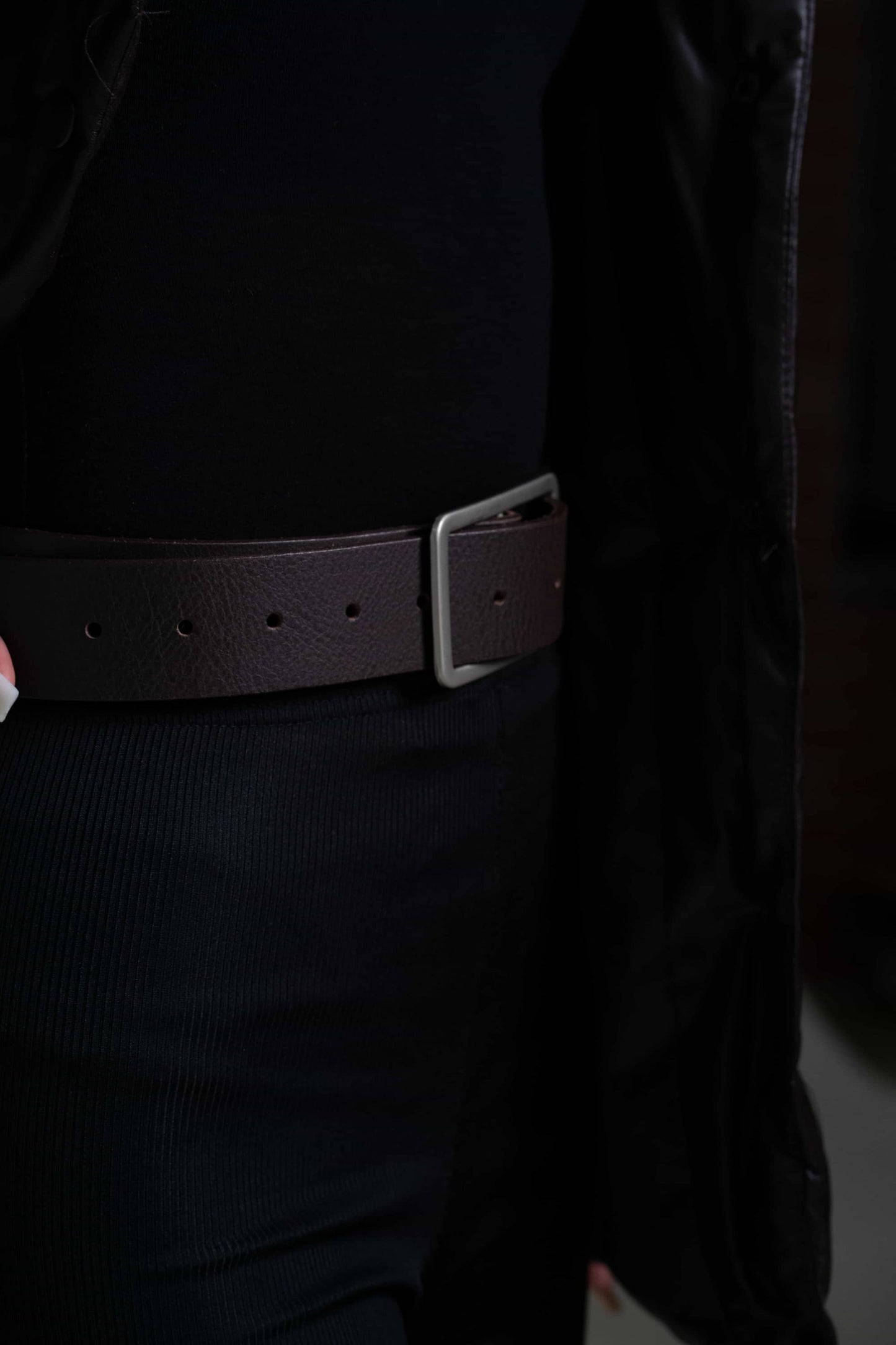 Lucille - Black Leather Dress Belt with Rectangle Buckle - Made in Canada