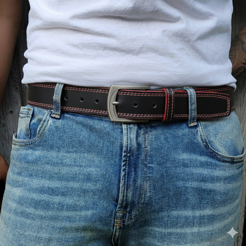 The Diablo Belt - Black Full Grain Leather Belt with Red Stitches